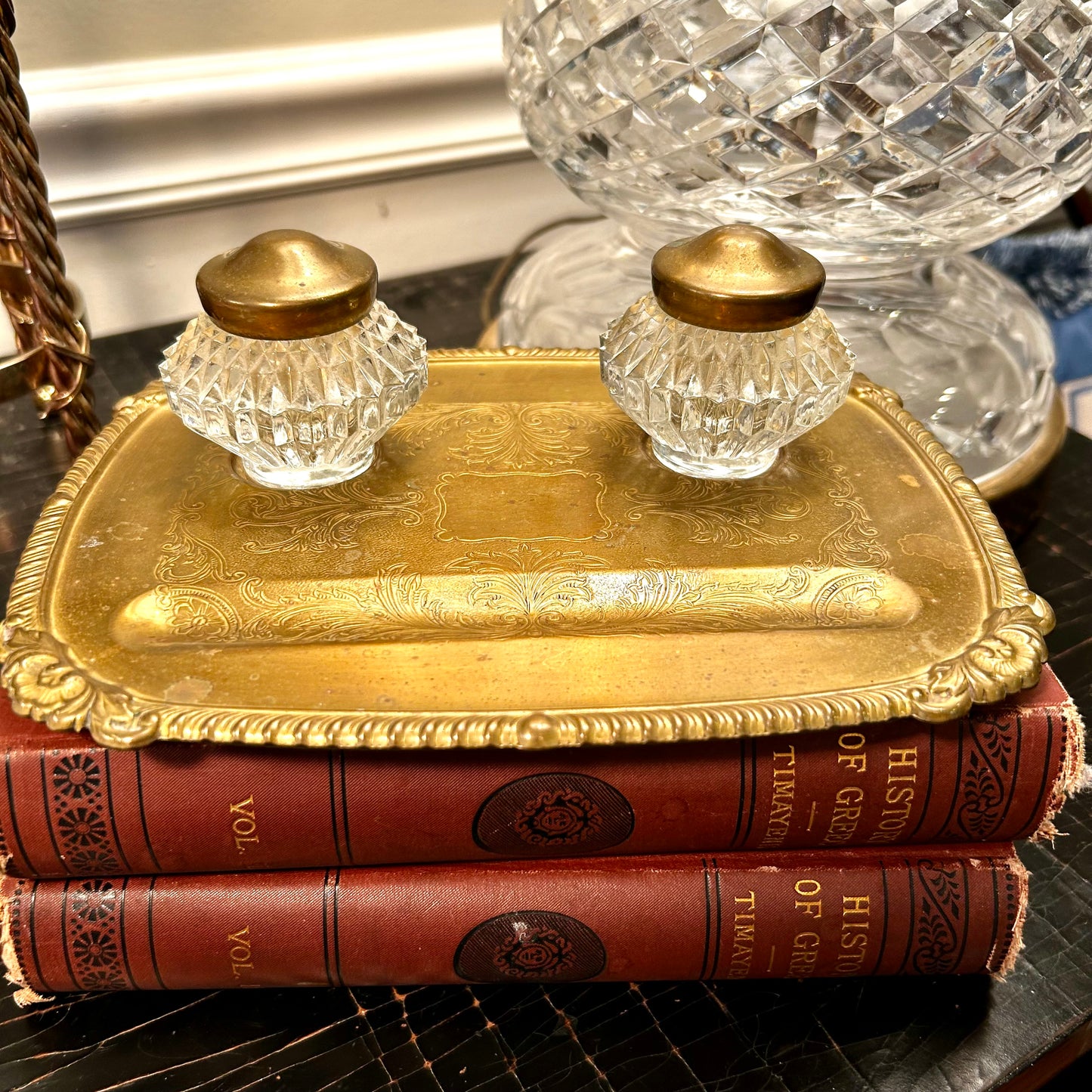 Gorgeous Vintage Solid Brass Inkwell with crystal ink wells