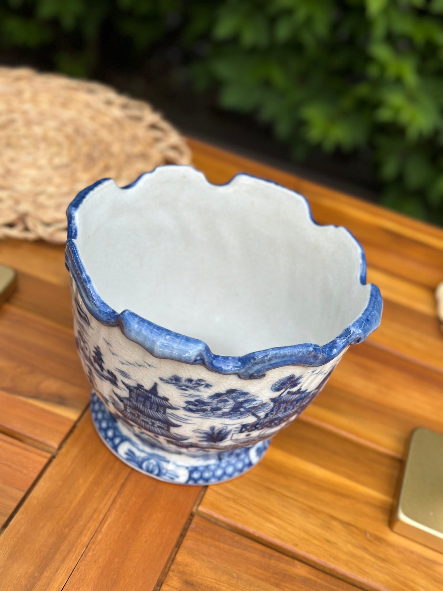 Hand painted Blue & White Pagoda Porcelain Cachepot, 8L X 8W X 6H