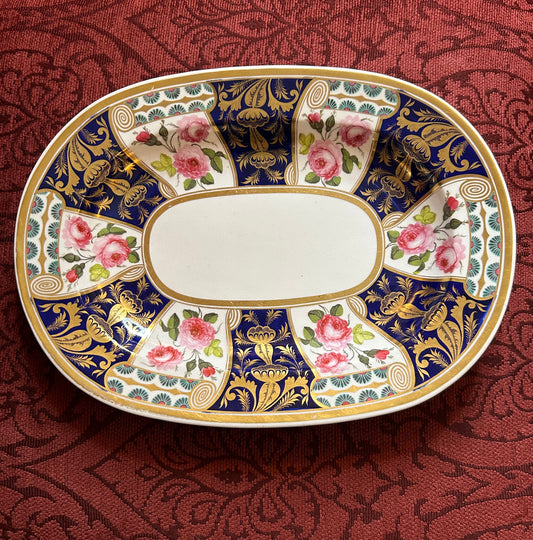 LIVE: Bloor Derby Blue, White, and Hand Painted Roses stunning Platter! C.1830 10 by 13 1/2”
