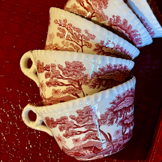 Set of 5 Antique Copeland "Spode’s Tower" Pink Willow tea Cups