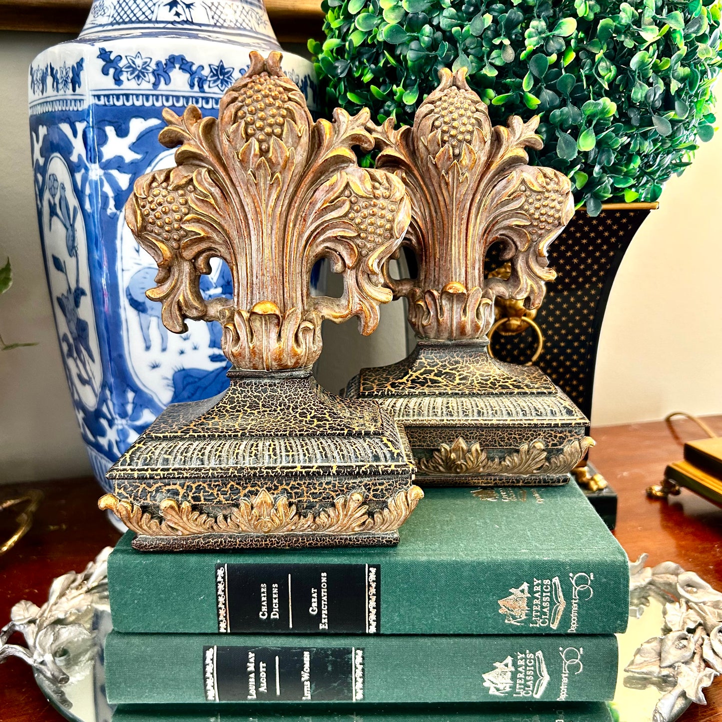 Pair of stunning gold scroll large wood book ends