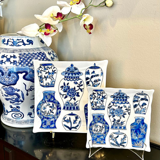 Set of two vintage blue & white ginger jar chinoiserie chic designer plates.