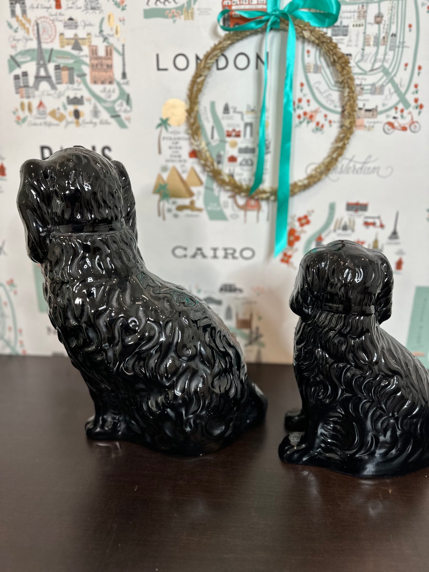 RARE Antique 19th Century English Jackfield Black Porcelain Staffordshire Spaniel Dogs, Set of 2, 15” and 11”