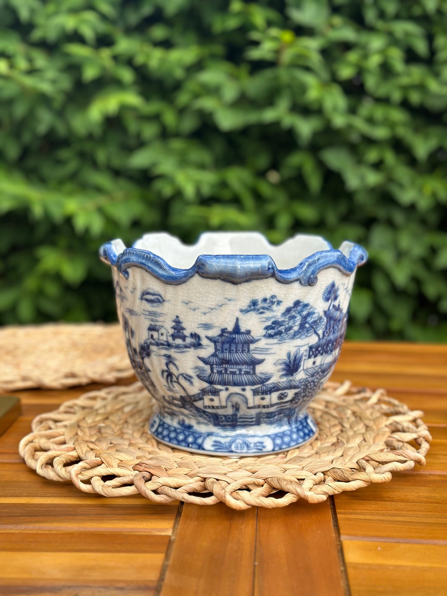 Hand painted Blue & White Pagoda Porcelain Cachepot, 8L X 8W X 6H