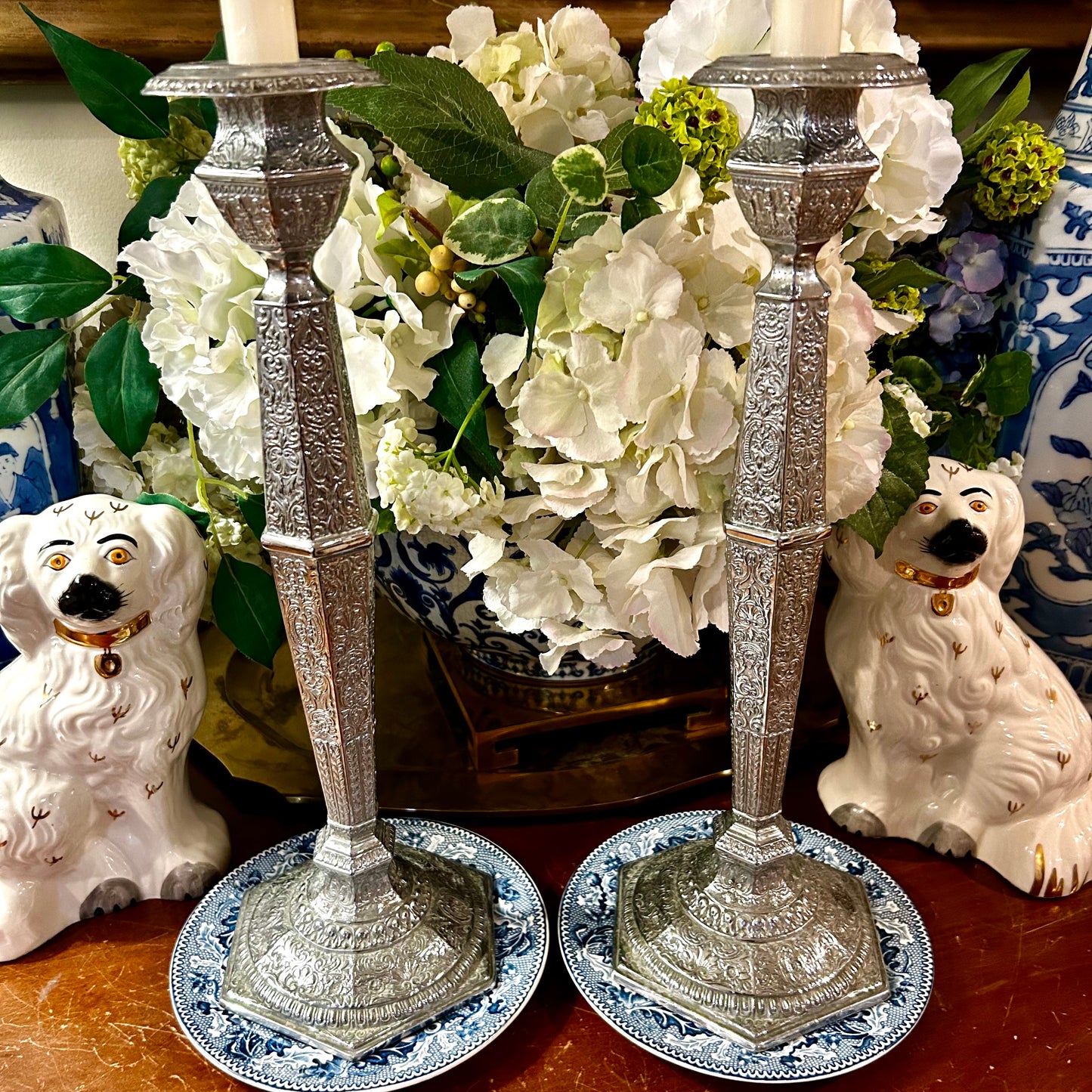 Statuesque pair vintage silver plate stamped candlestick holders 14 in