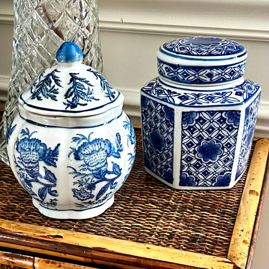 Set of 2 blue and white fretwork and botanical ginger jars