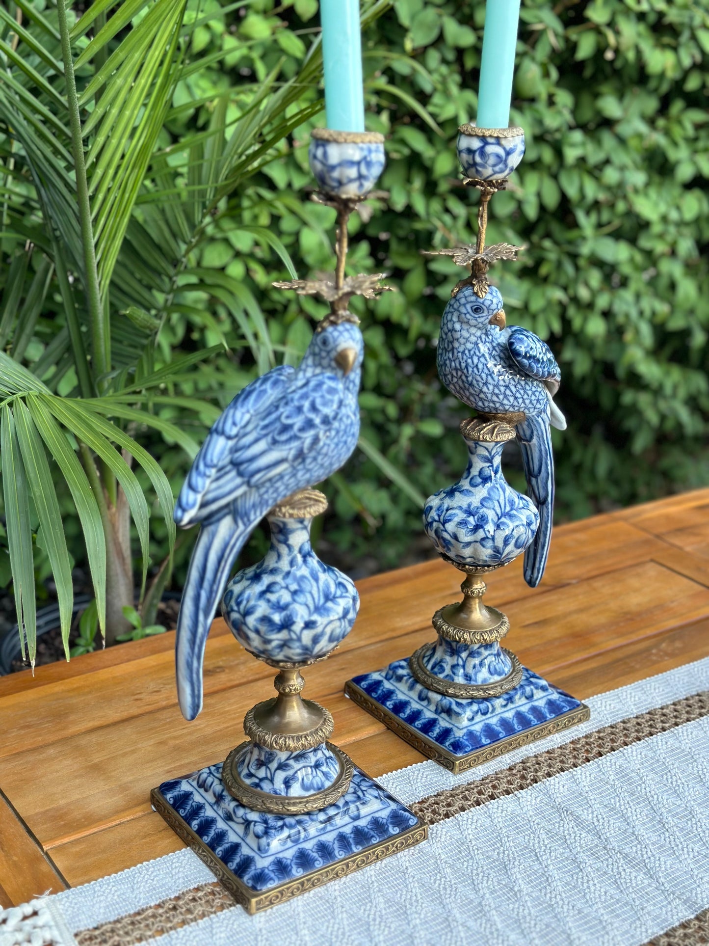 STUNNING- 21” Blue & White Bronze Bird pair Candle holders (2) Pair