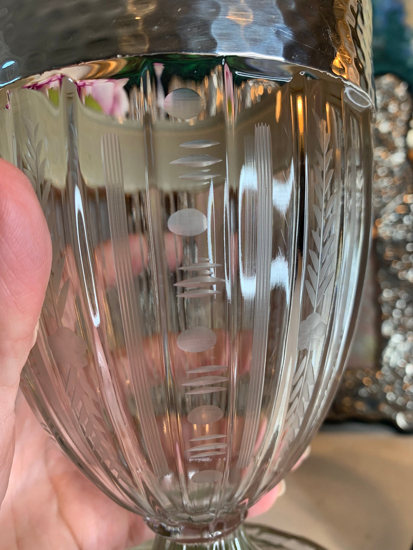 Hand Engraved Crystal vase with Sterling Mounted Rim and Base