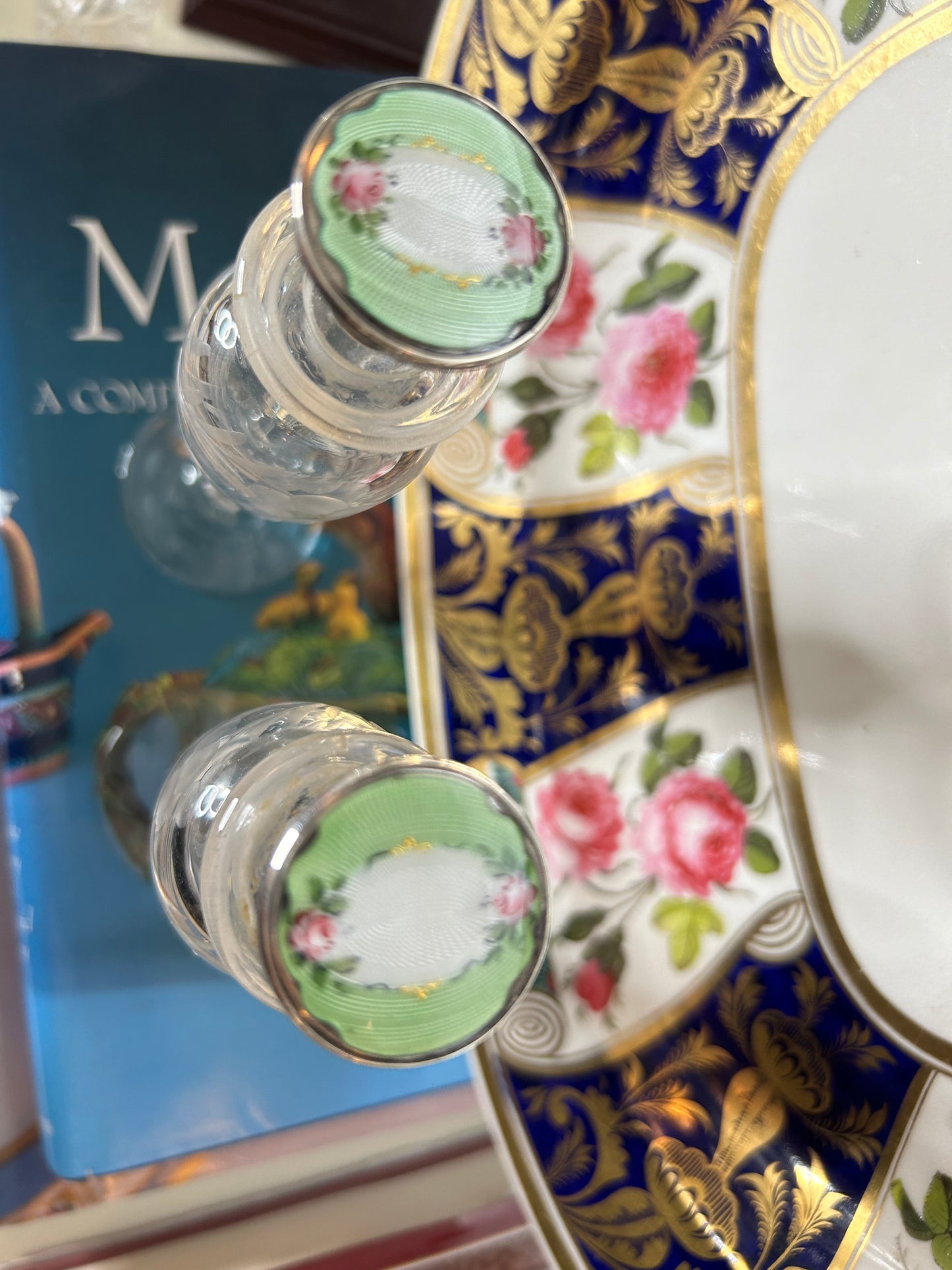 Pair of Hand Engraved Crystal Perfume Bottles with Sterling Guilloche Enamel Stoppers! Can be sold as a pair or separately for 165 each