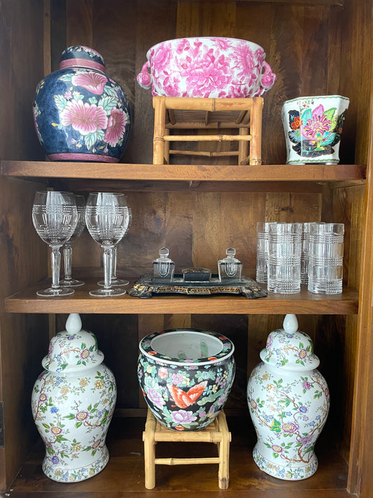 Pair of Lidded Floral Chinoiserie Ginger Jars