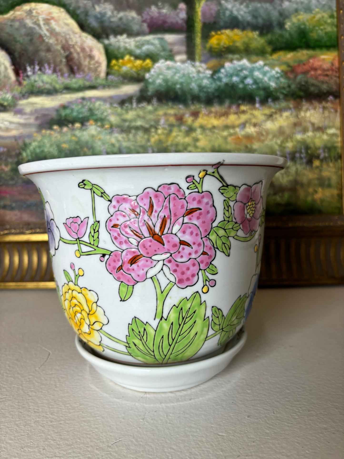 Beautiful Chinoiserie floral planter with drainage hole and under plate!