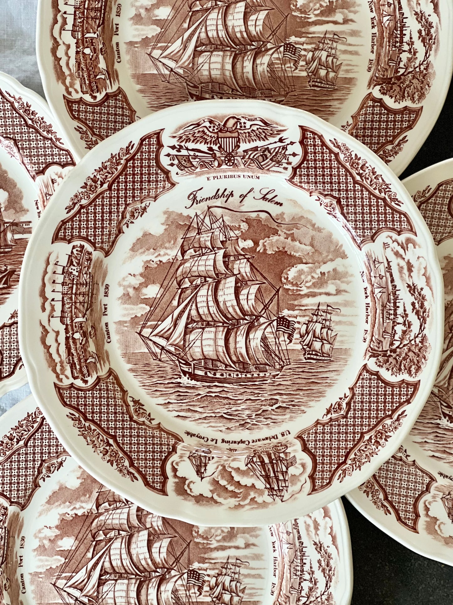 Vintage Set (8) Alfred Meakin “Friendship of Salem” Fair Winds Dinner Plates - Excellent!