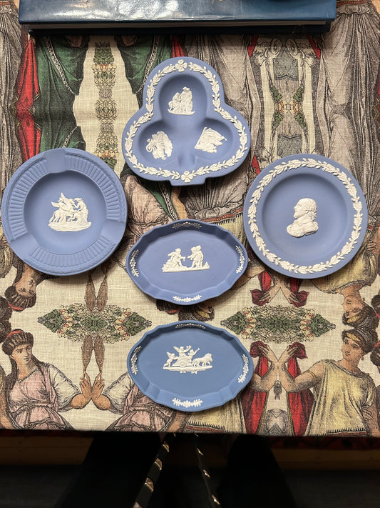 Five Wedgwood Blue Jasperware dishes including Shakespeare