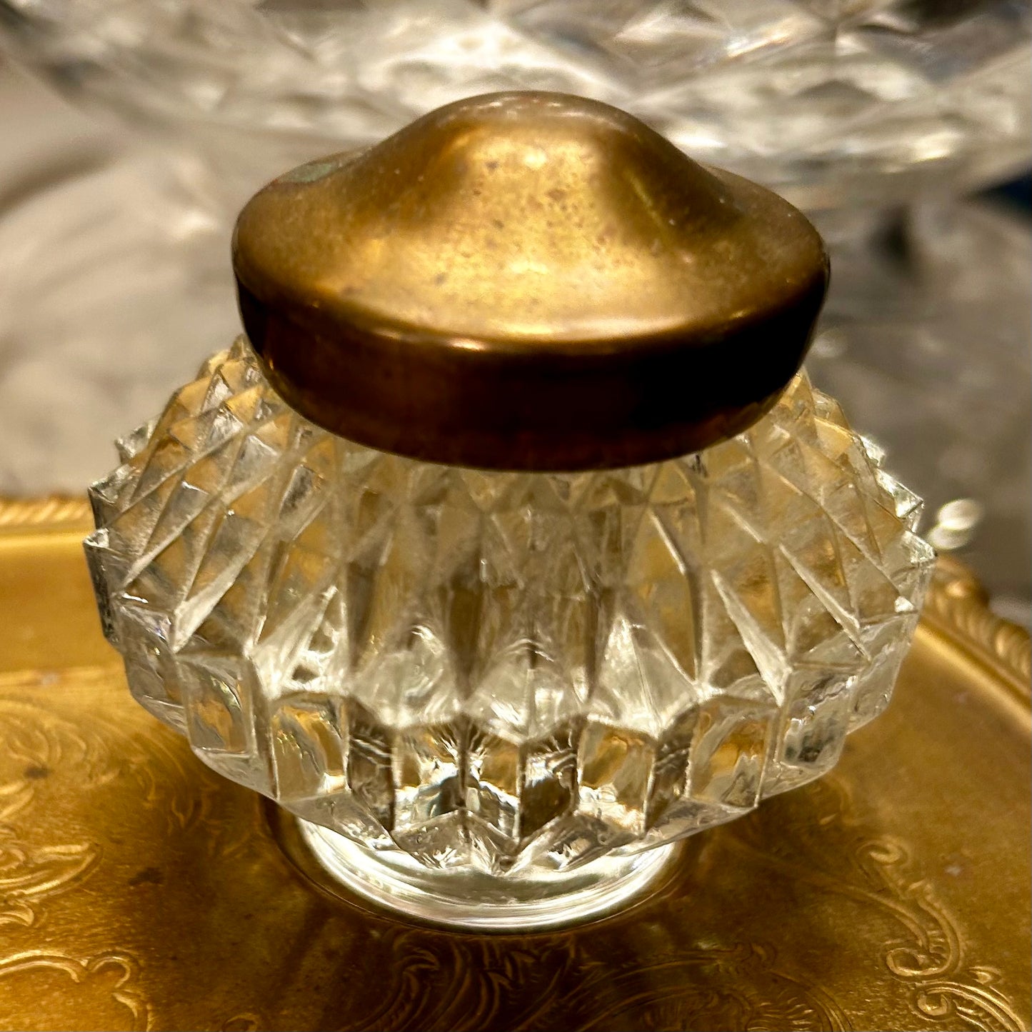 Gorgeous Vintage Solid Brass Inkwell with crystal ink wells