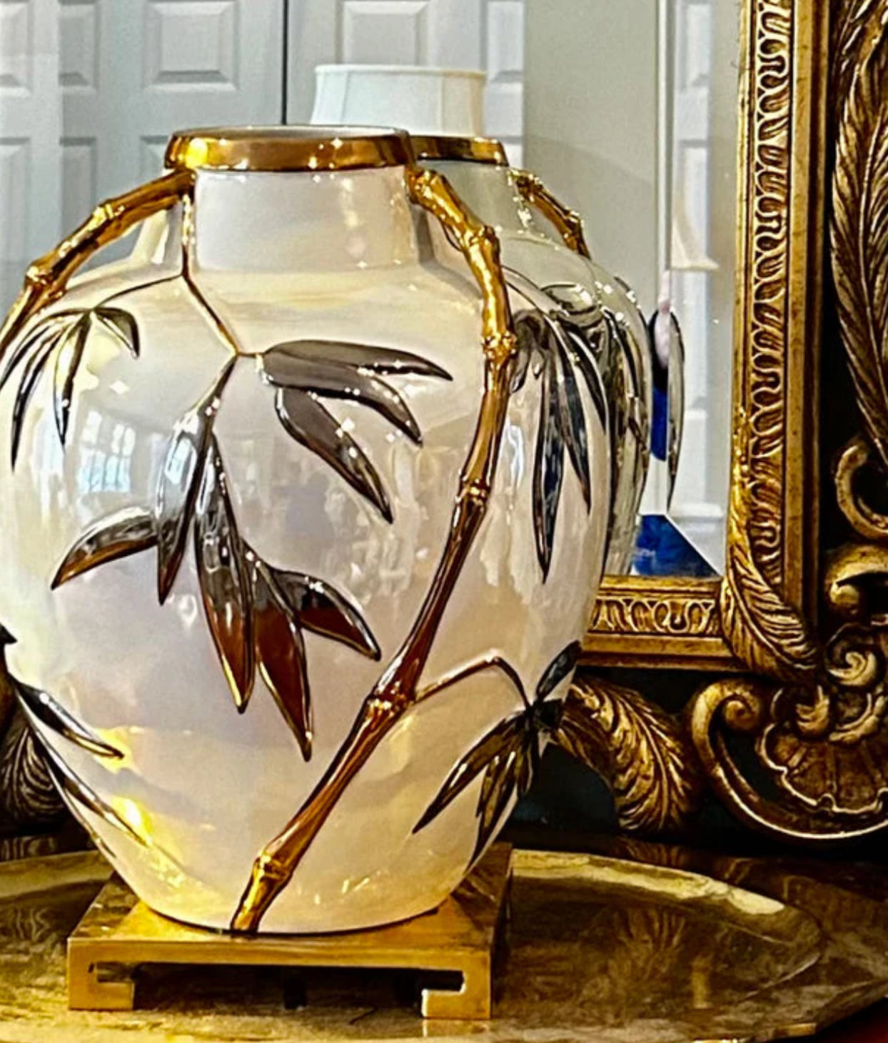 Extremely chic Italian designer Alessi vintage metallic faux bamboo gold and silver detailing on opal irredecent white vase