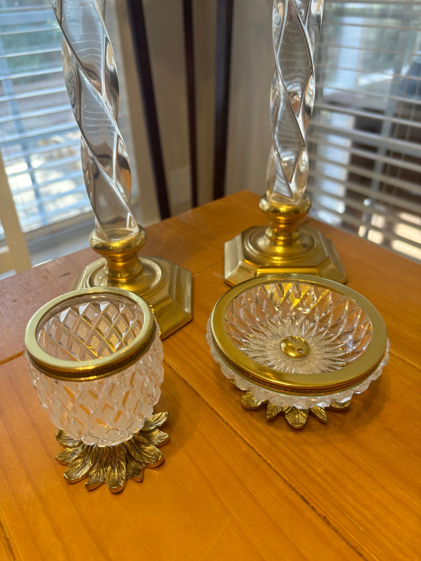 Beautiful pair of French crystal and brass pineapple dishes!