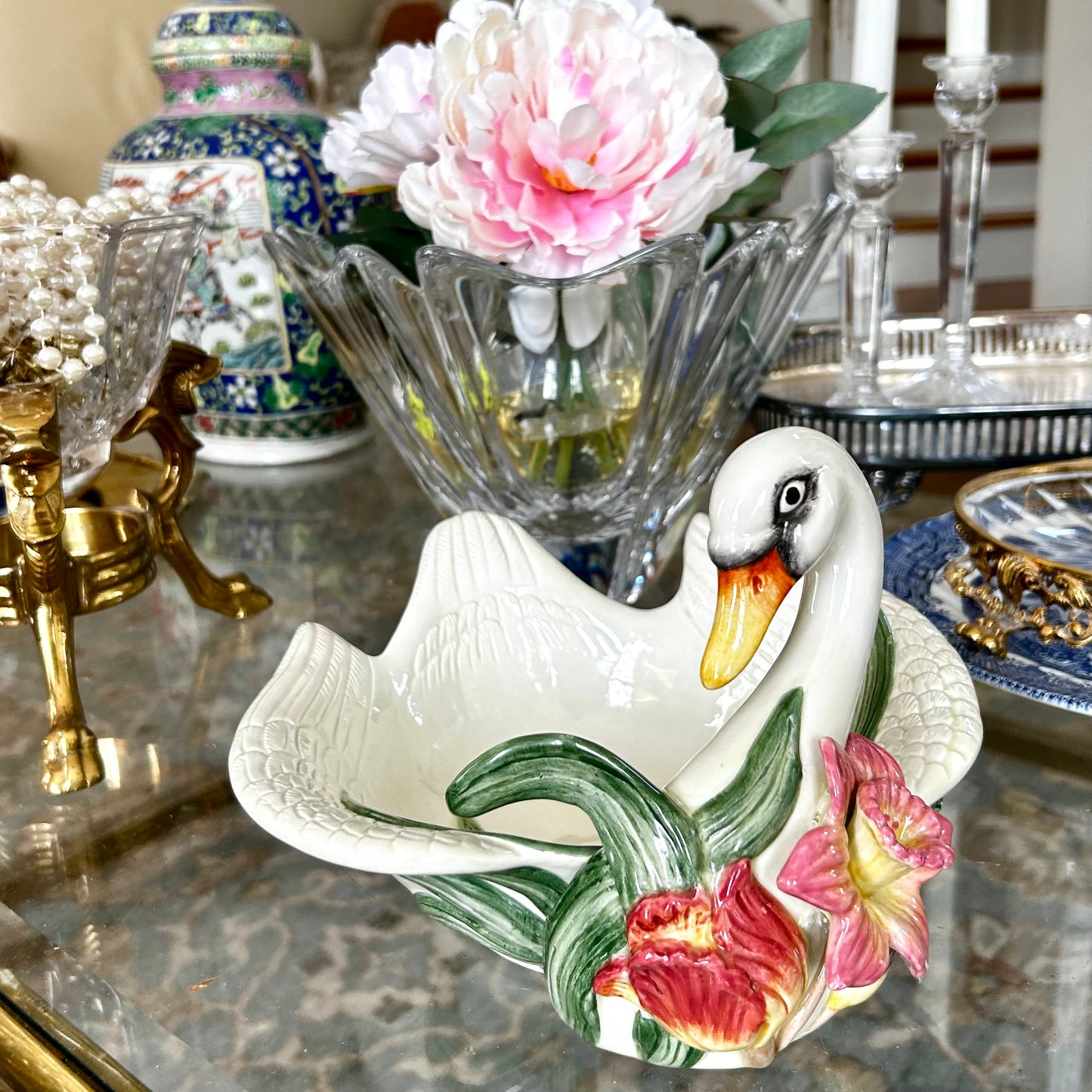 Graceful Fitz & Floyd Swan and florals large dish