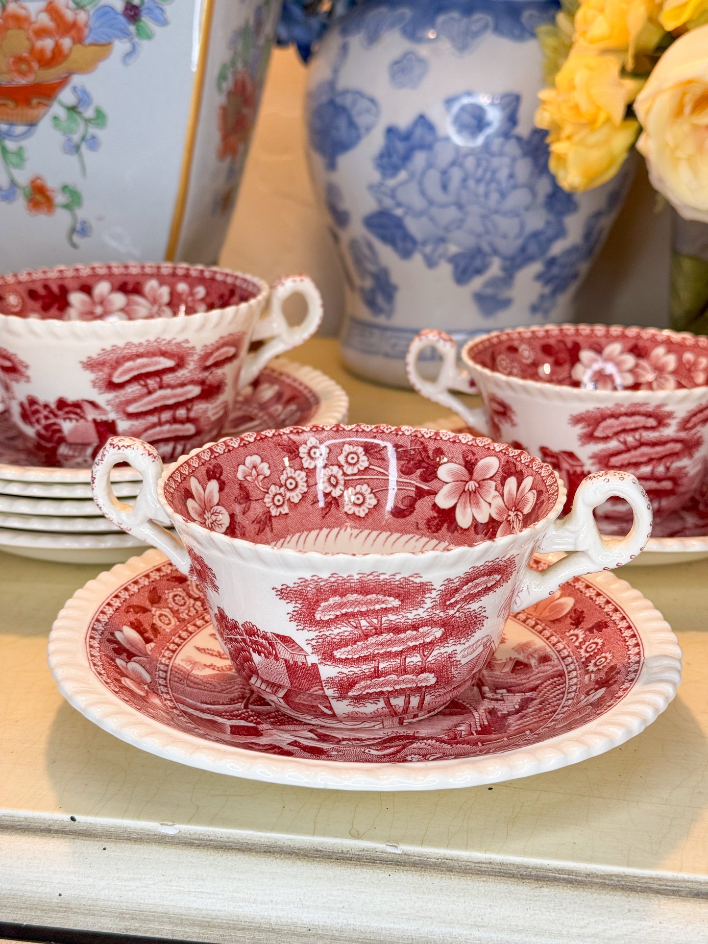 Set of 6 Copeland Spode’s Tower Pink/red Bouillon Double Handled cups and Saucers