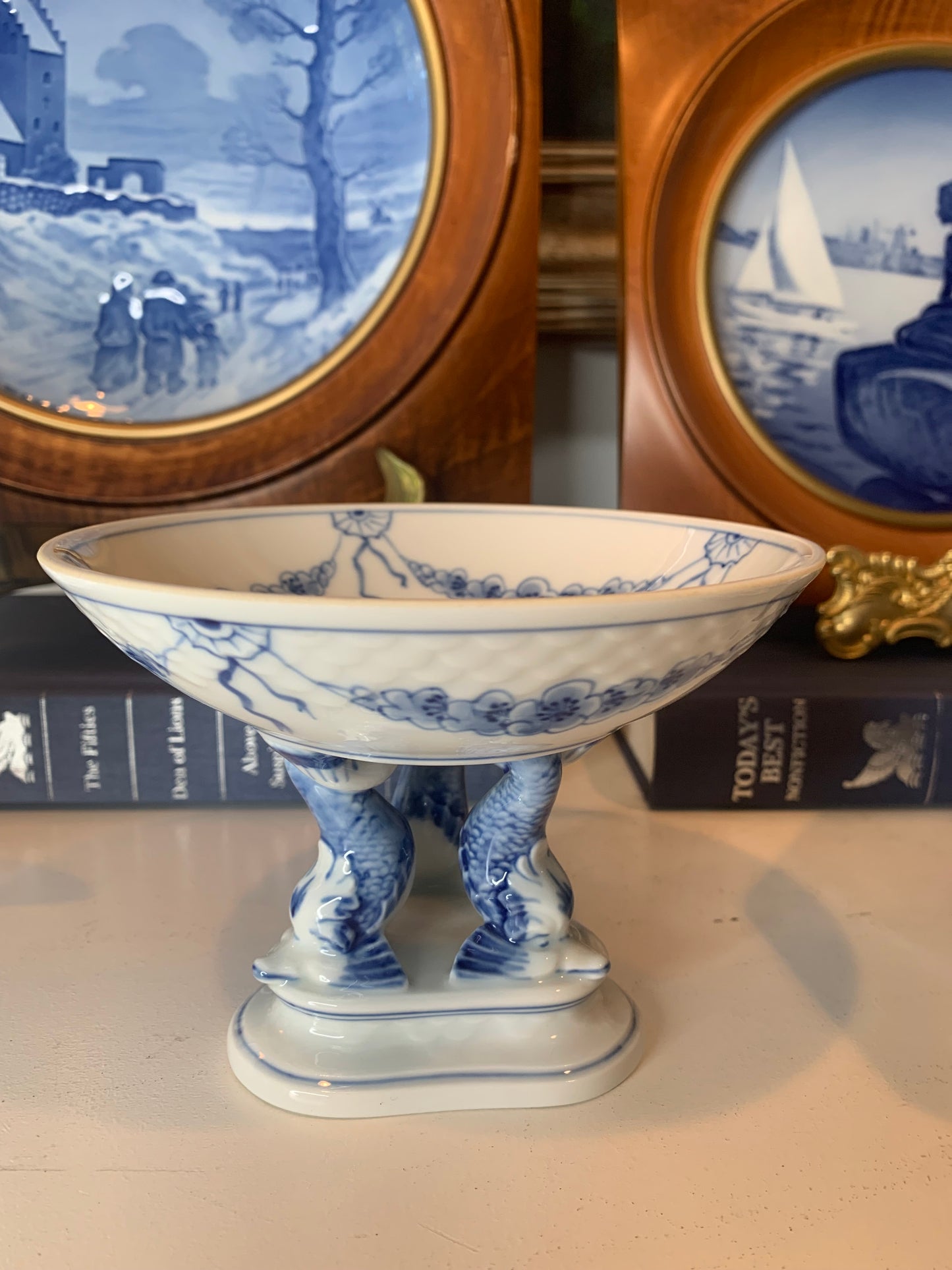 Bing & Grondahl Empire Blue & White Dolphin Footed Compote