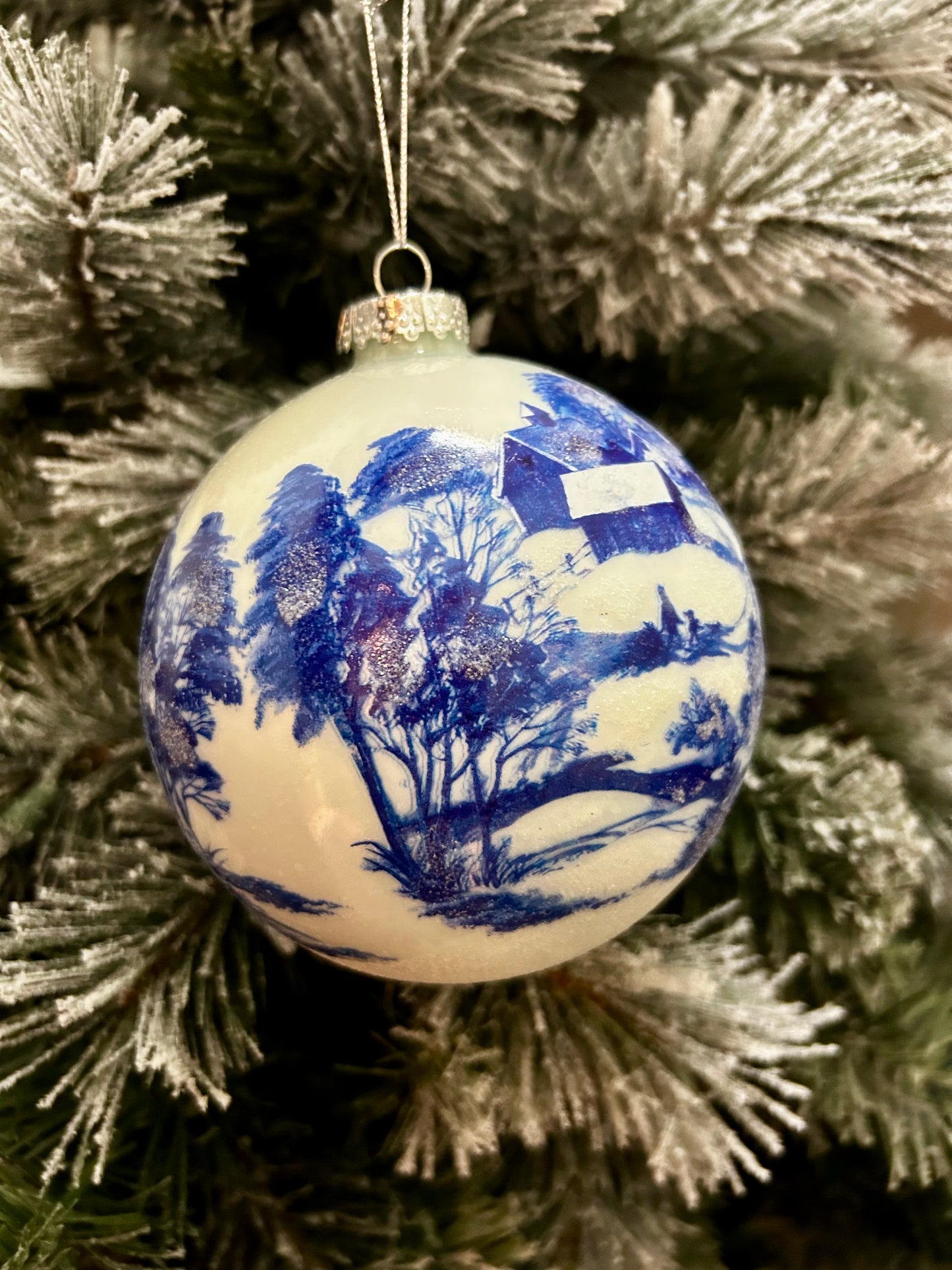 Massive oversized vintage blue & white toile landscape Christmas ornament