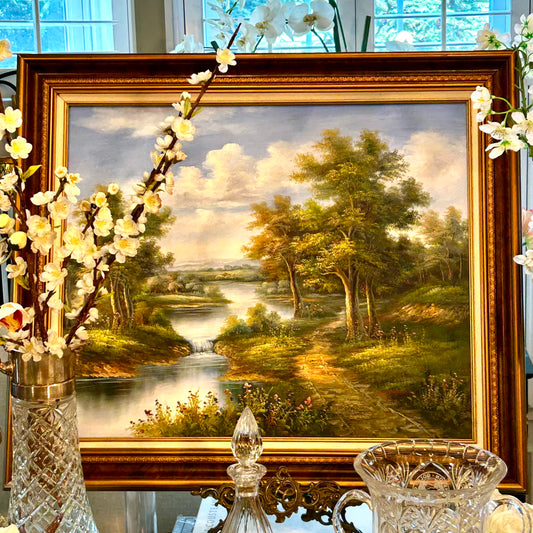 Gorgeous vintage landscape possible reprod oil painting signed by artist C. Freeman.