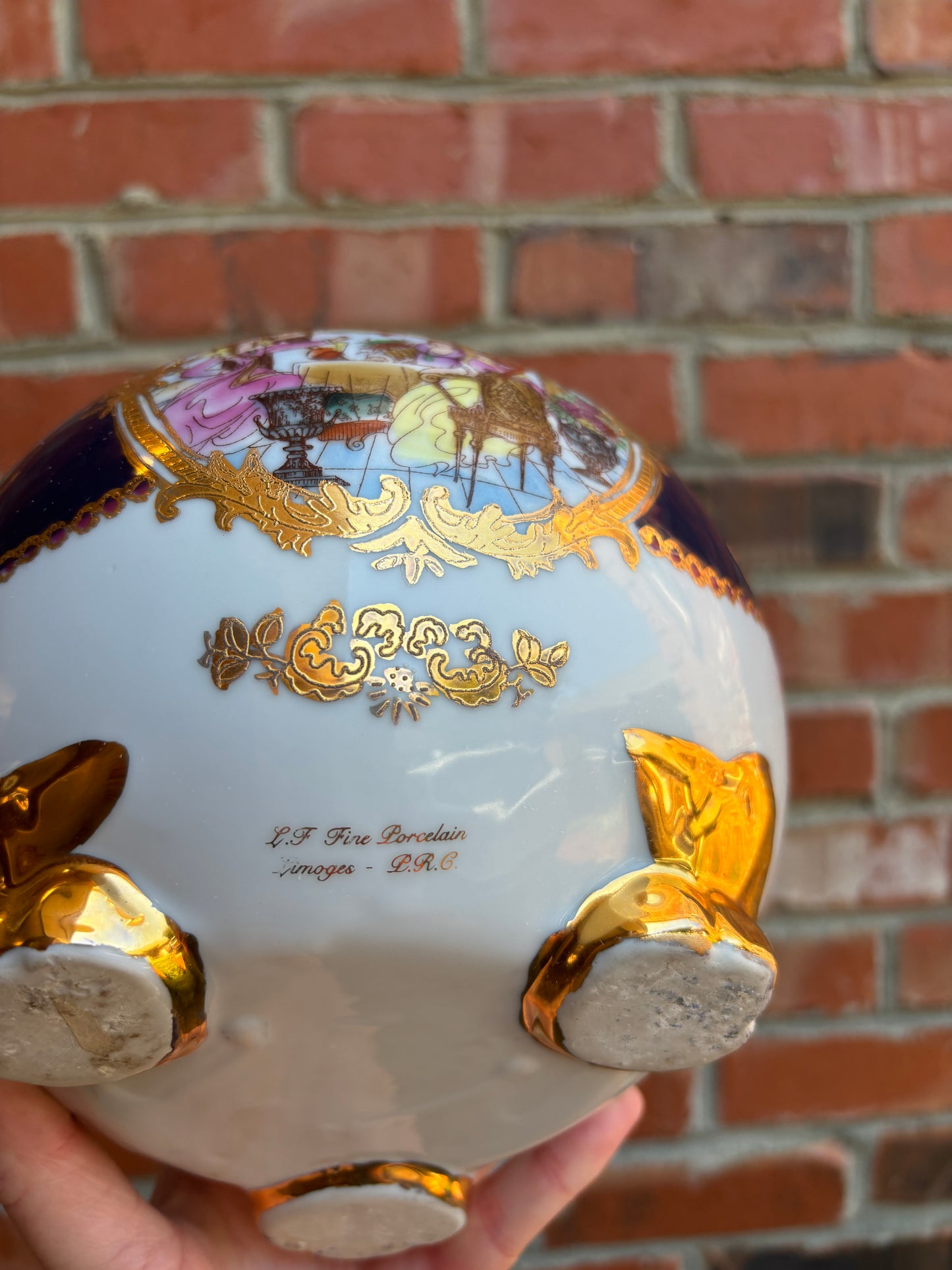 Stunning Limoges handpainted, gilded, and cobalt round vase!