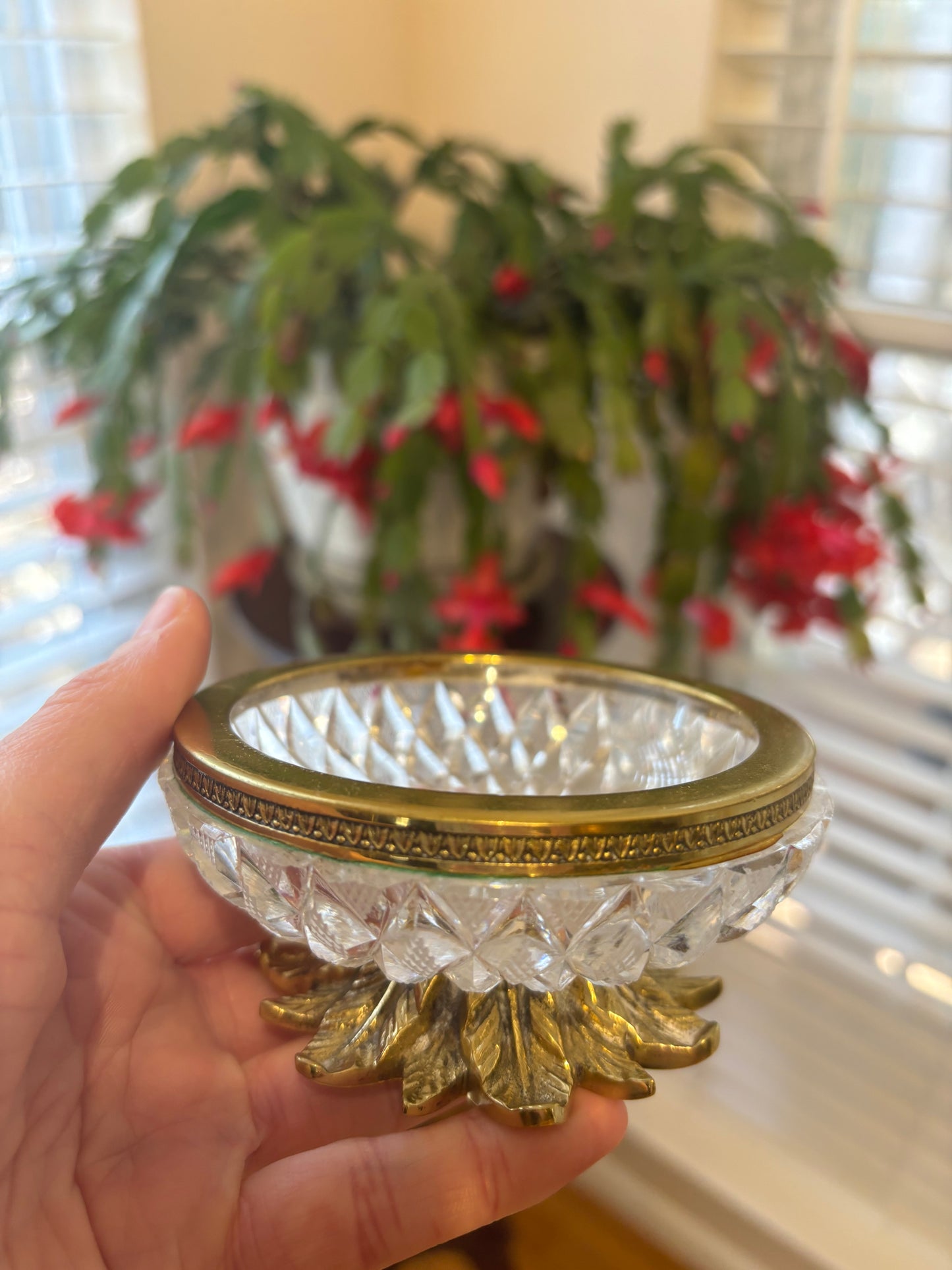 Beautiful pair of French crystal and brass pineapple dishes!