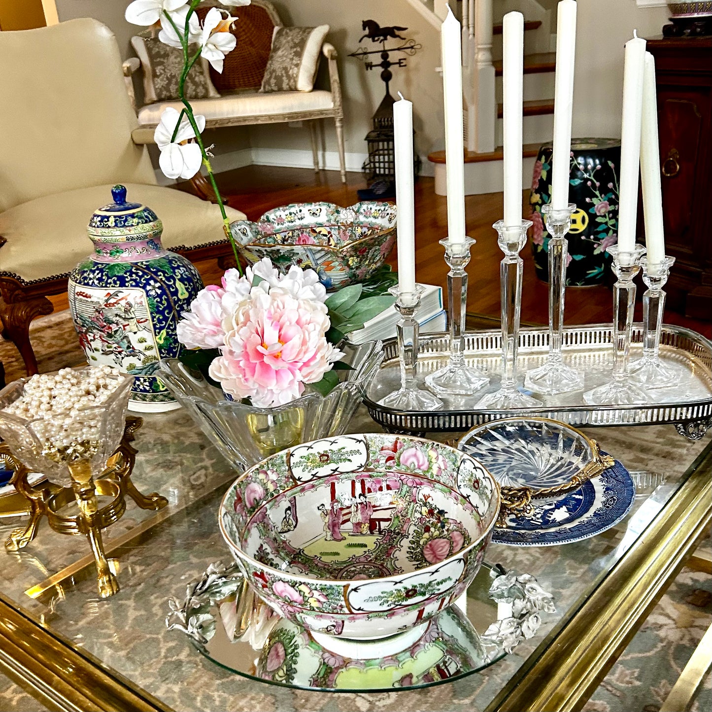 Impressive size Rose medallion porcelain hand painted centerpiece bowl.