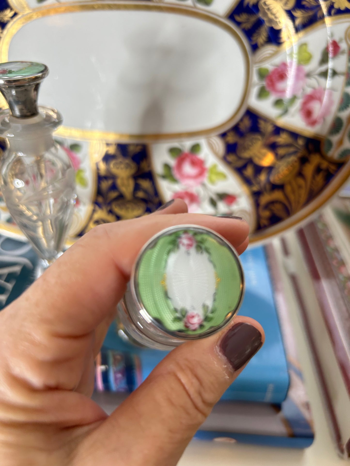 Pair of Hand Engraved Crystal Perfume Bottles with Sterling Guilloche Enamel Stoppers! Can be sold as a pair or separately for 165 each