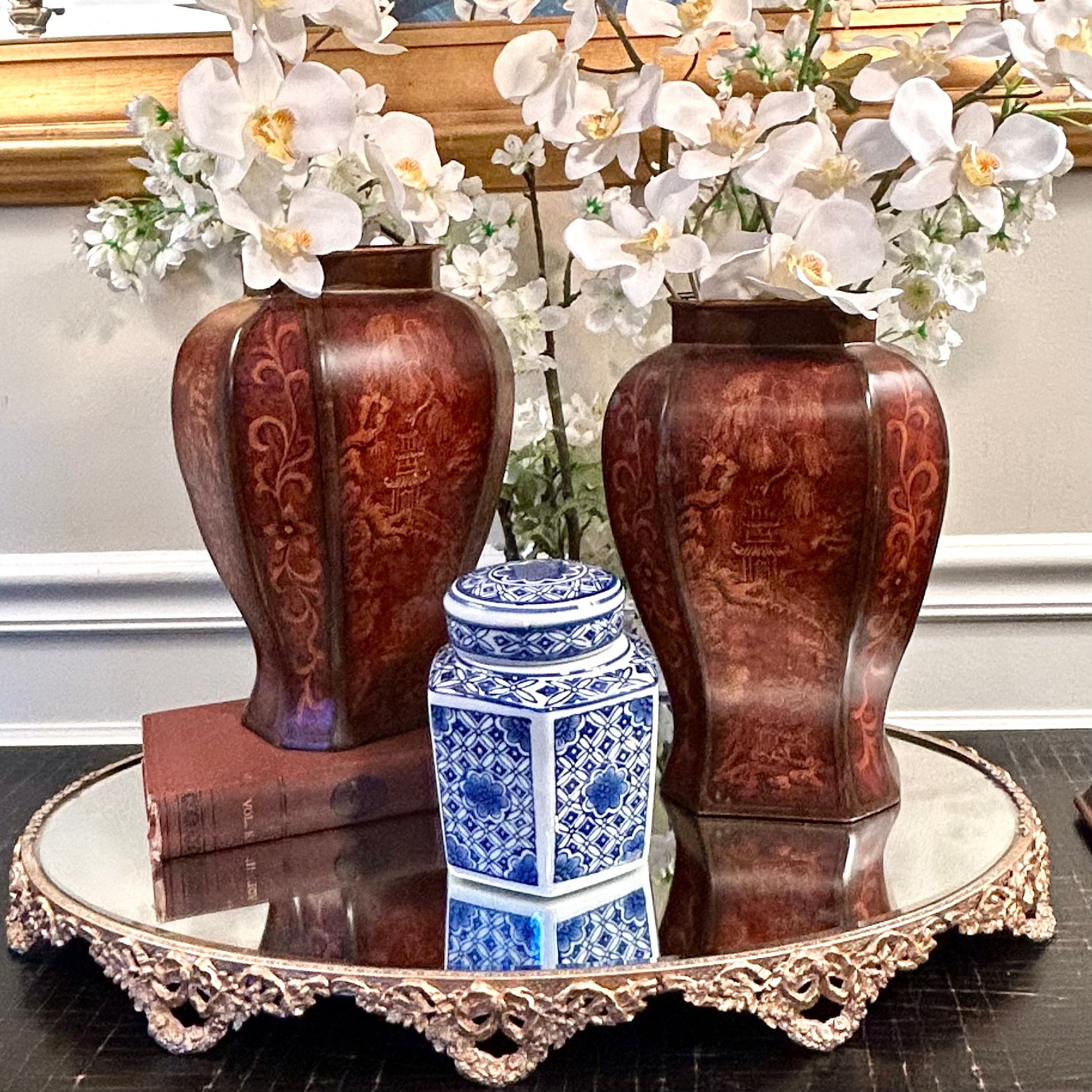 Set of two chinoiserie pagoda statuesque pagoda vases jars plus lids ...