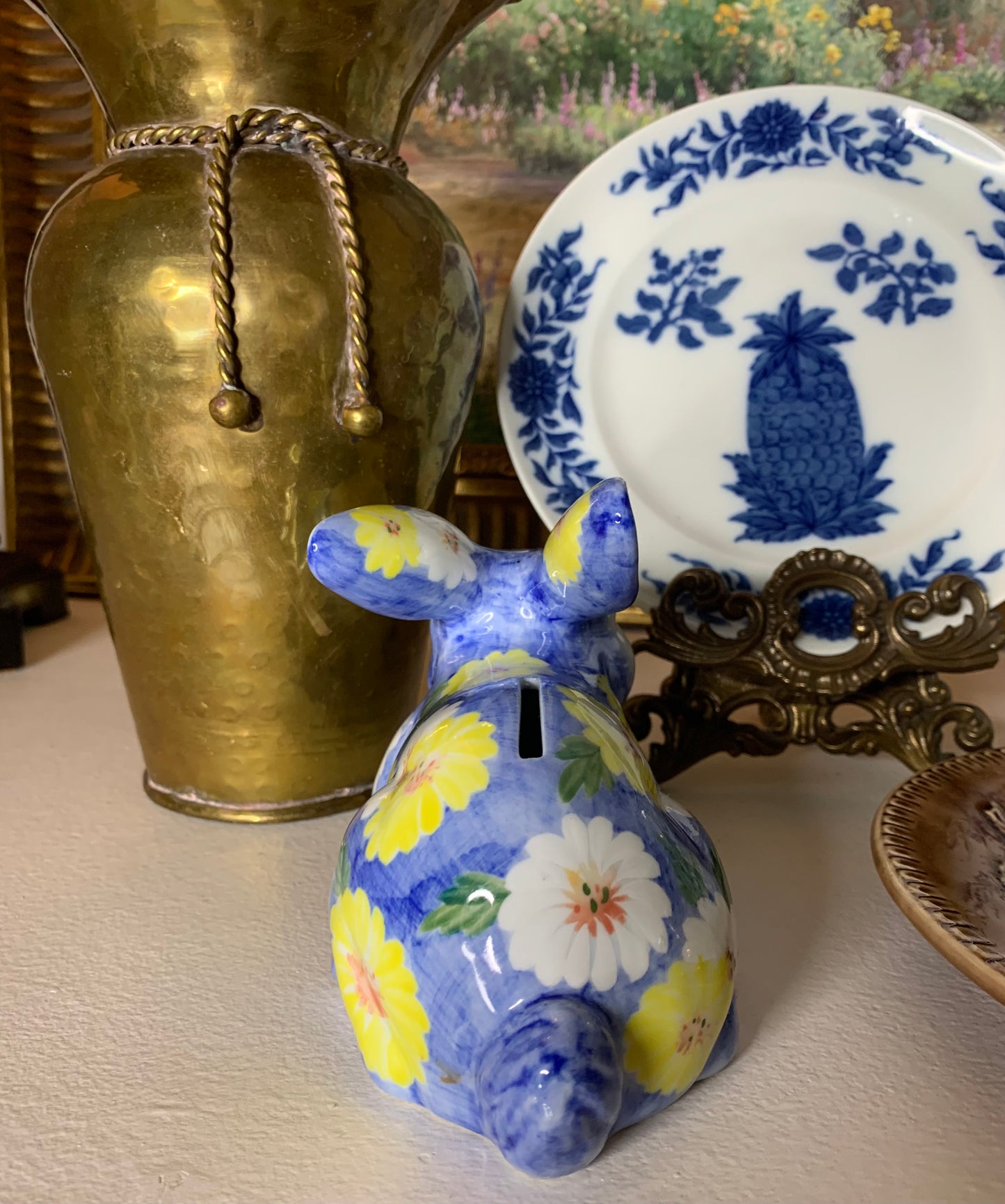 Sweetest Andrea by Sadek blue and white bunny bank with yellow flowers!