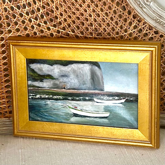 Beautiful original oil painting sailboat & waterfront signed by artist