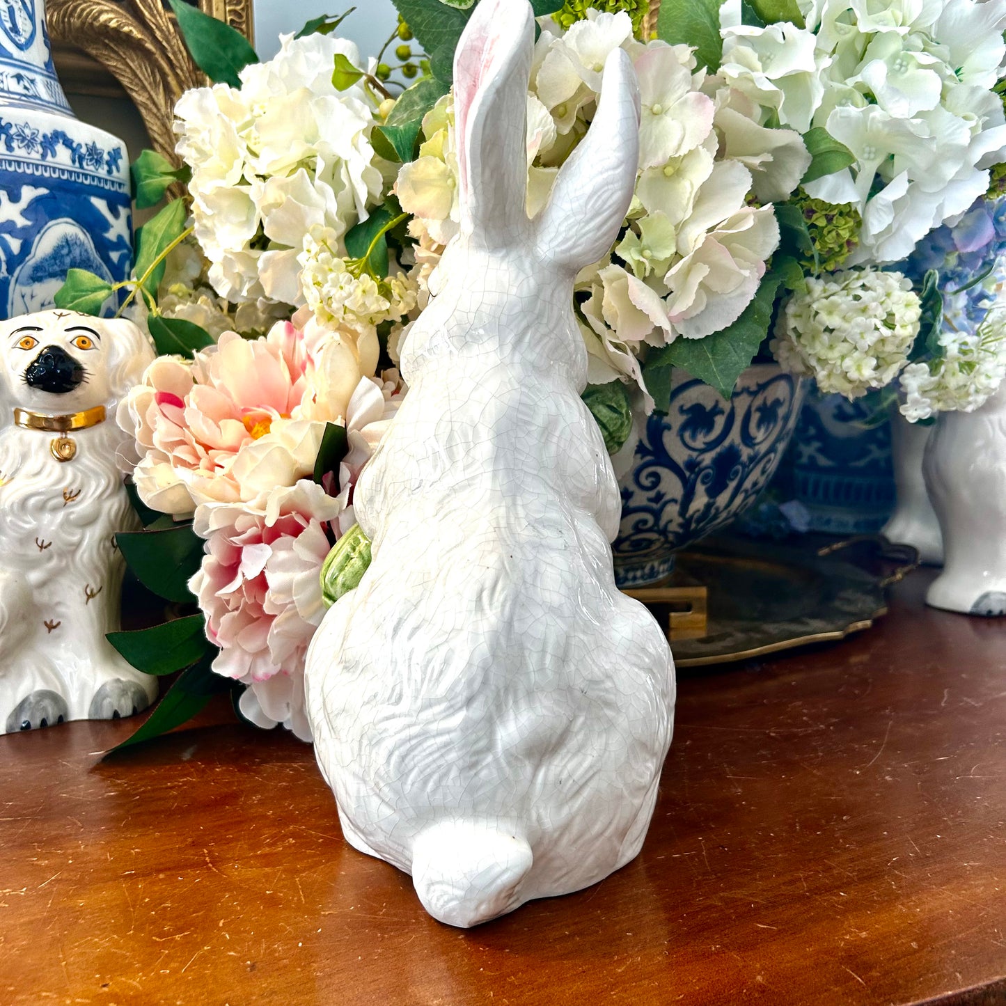 Handsome majolica inspired bunny rabbit standing 12 in tall