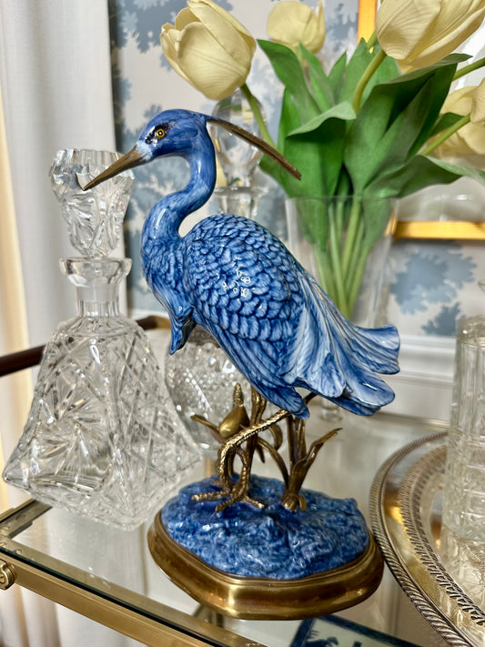 12” Blue & White Porcelain & Bronze Crane/Egret/Heron Bird Figure on base