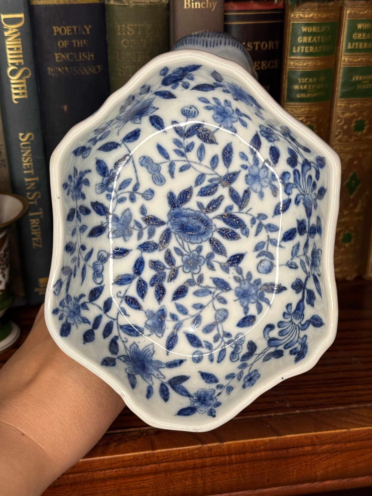 Vintage blue and white chinoiserie porcelain monkey dish