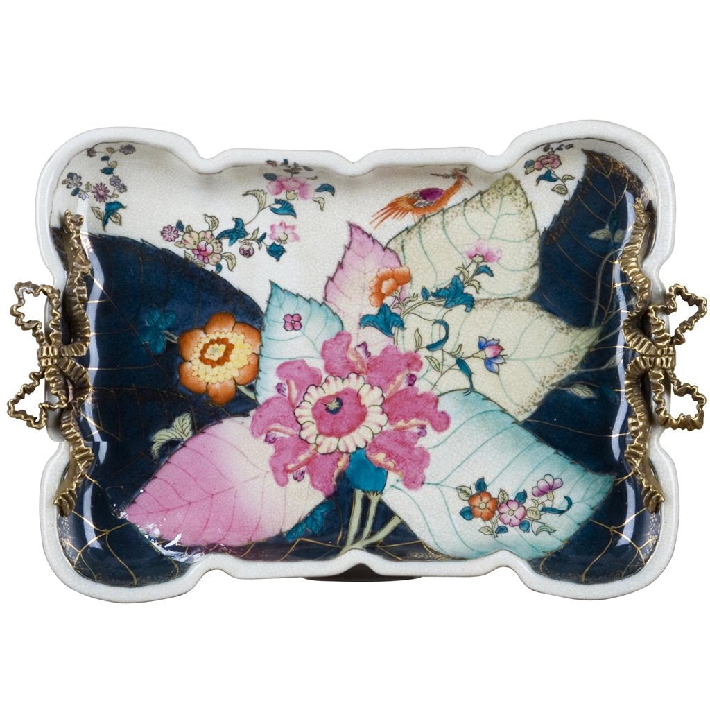 Stunning! Hand painted porcelain Tobacco Leaf tray l/ platter with bronze detail handles. Dimension:14L x 8.5W x 1H.