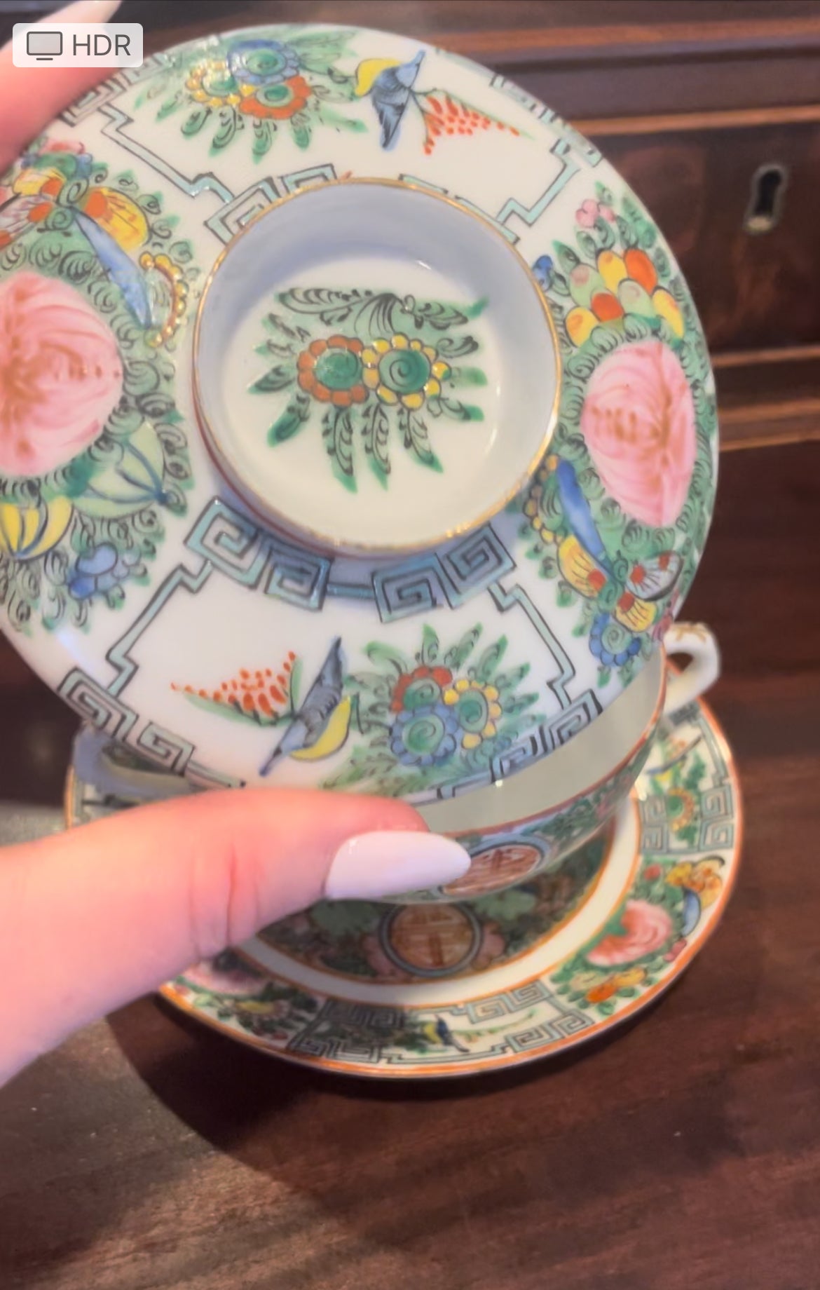 Antique Set of 4 Rose Canton Double Handled Teacups or Rice Bowls with Saucers & Lids - Mint Condition