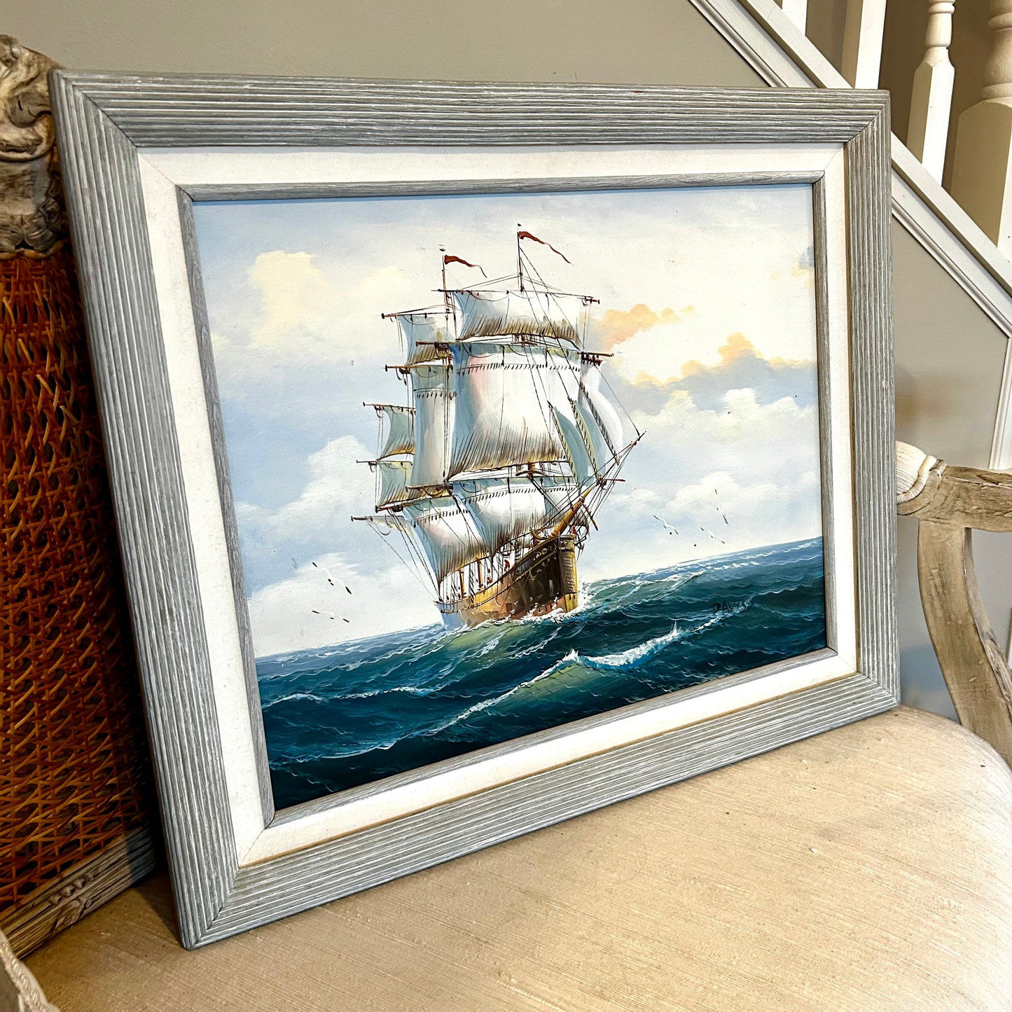 Bold & Beautiful coastal chic vintage tall ship signed sailing wall art 25 x 21 hi