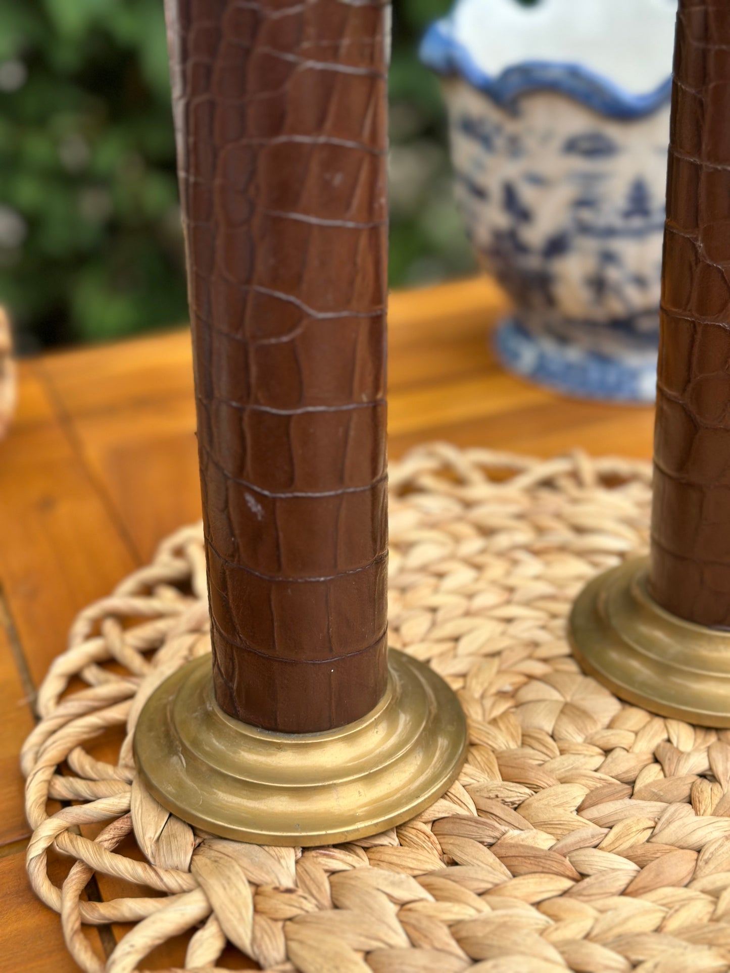 Vintage 10.5" Tall Brass candlesticks, embossed leather wrapped detail