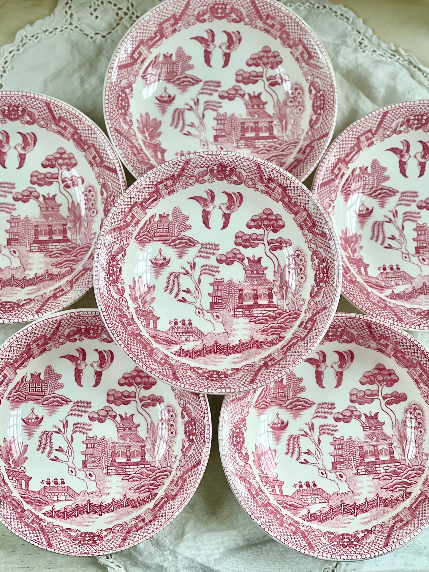 Vintage Set (6) Pink / Red Willow Berry Bowls