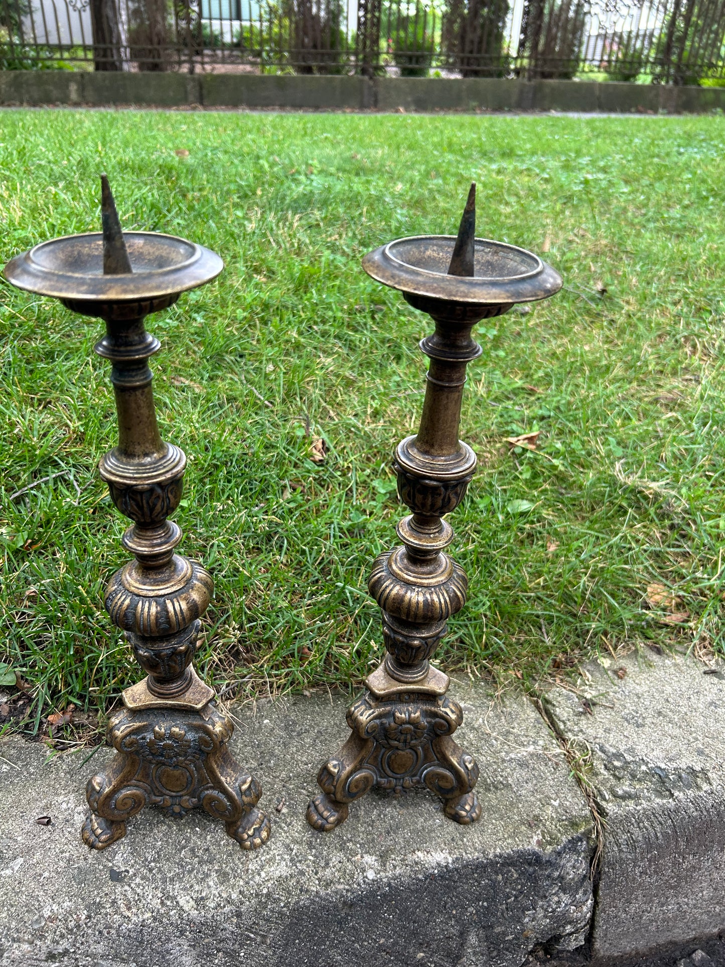 Pair of Very Heavy Brass/Bronze Candlesticks 17” Tall