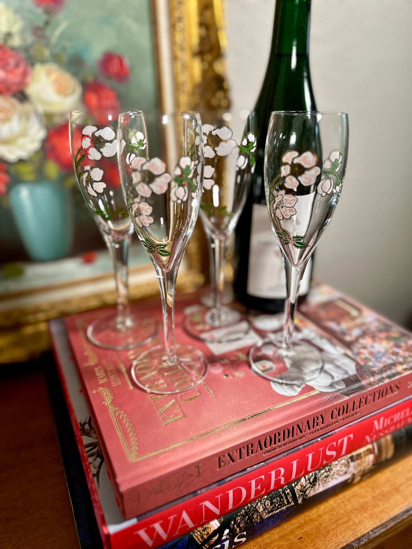 Vintage Perrier Jouet Belle Epoque Style Crystal Champagne Flutes, Set of 4