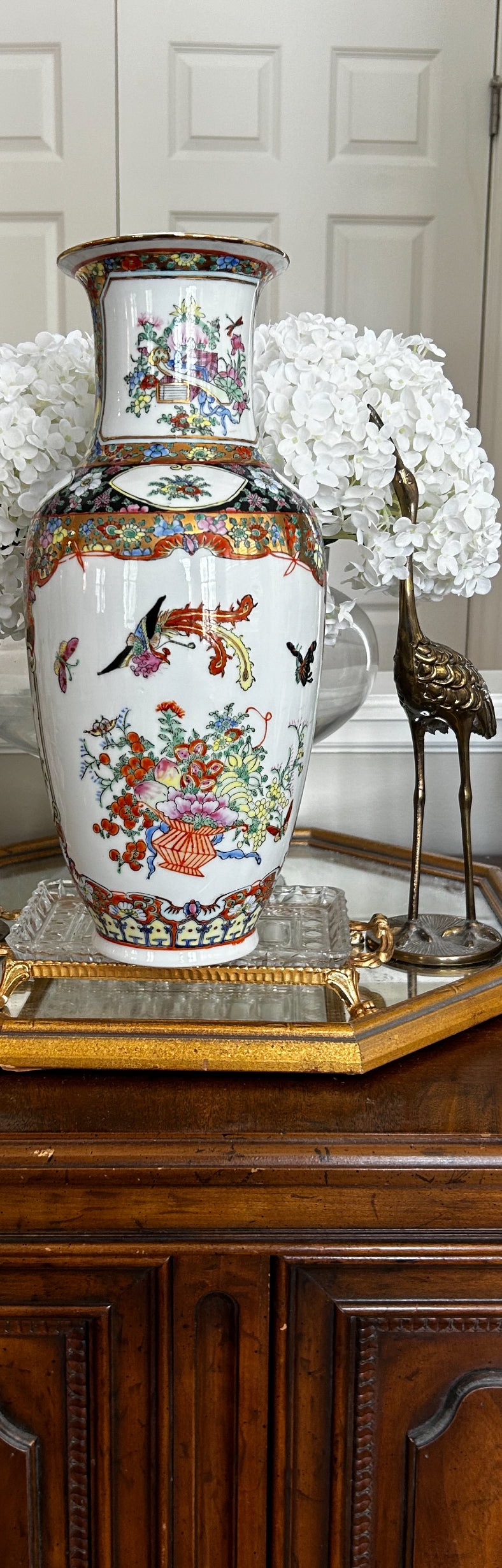 Statuesque Vintage Rose Famille chinoiserie vase 14 in hi