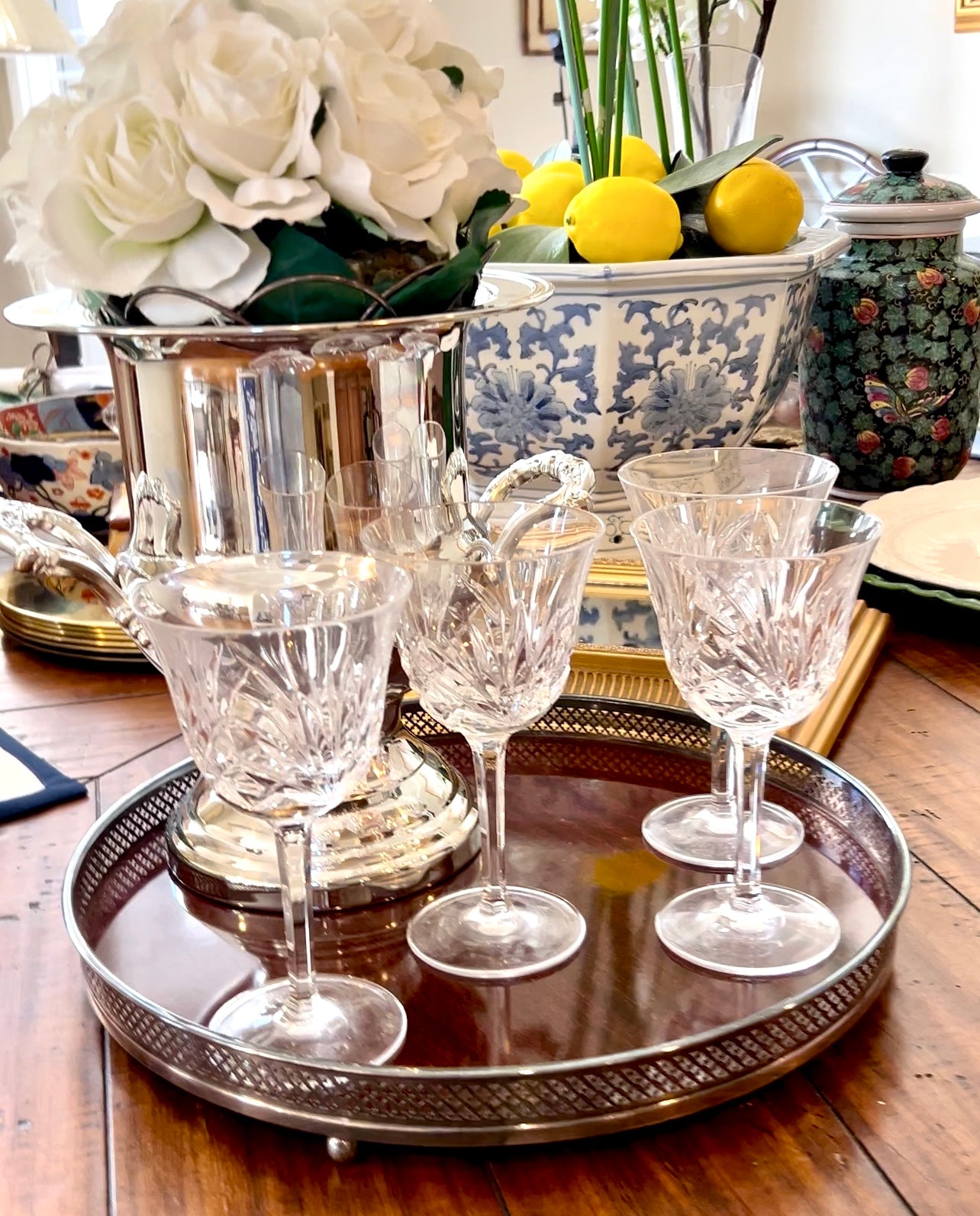 Handsome vintage silver plate & wood grain footed gallery tray