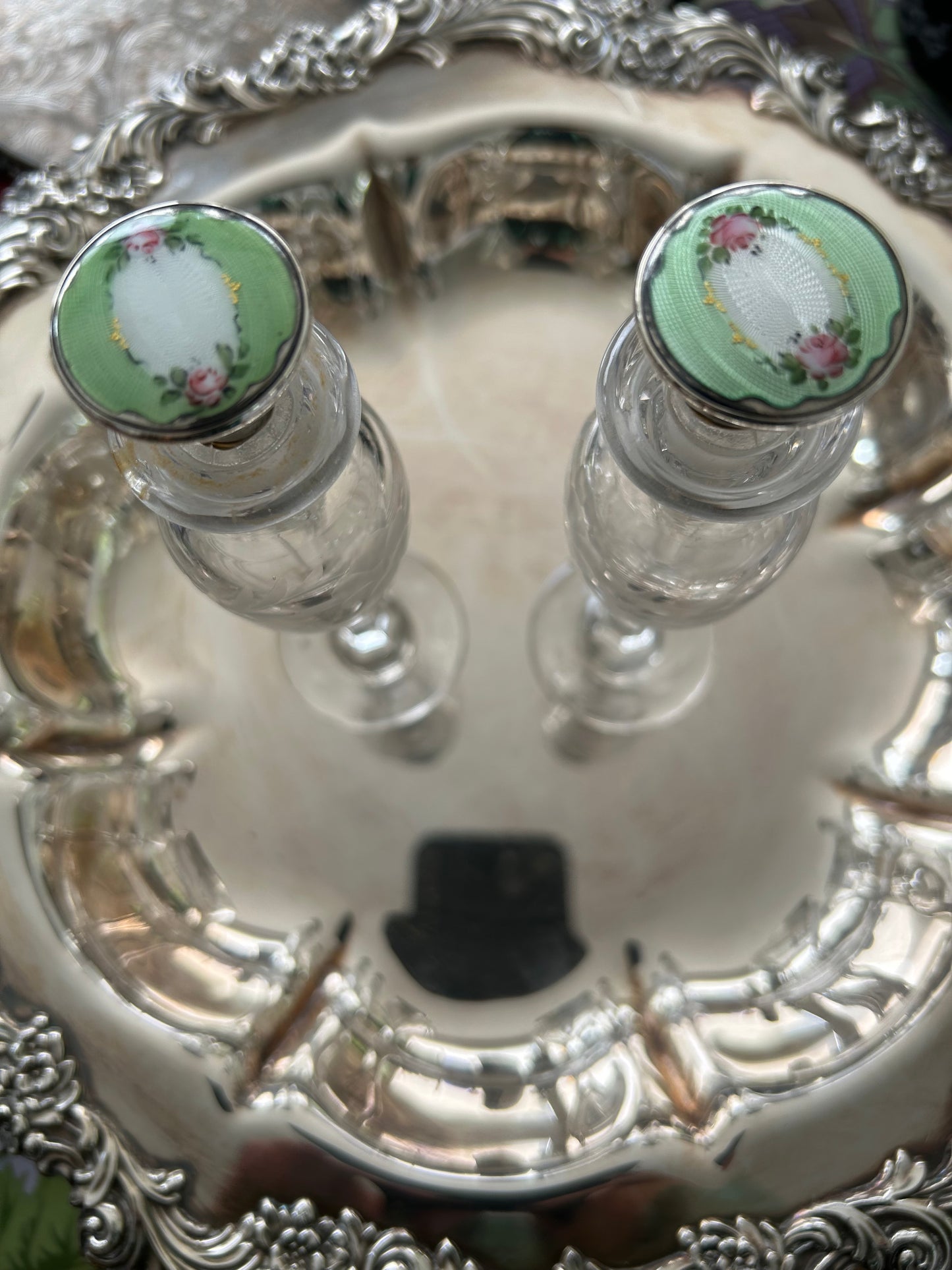 Pair of Hand Engraved Crystal Perfume Bottles with Sterling Guilloche Enamel Stoppers! Can be sold as a pair or separately for 165 each