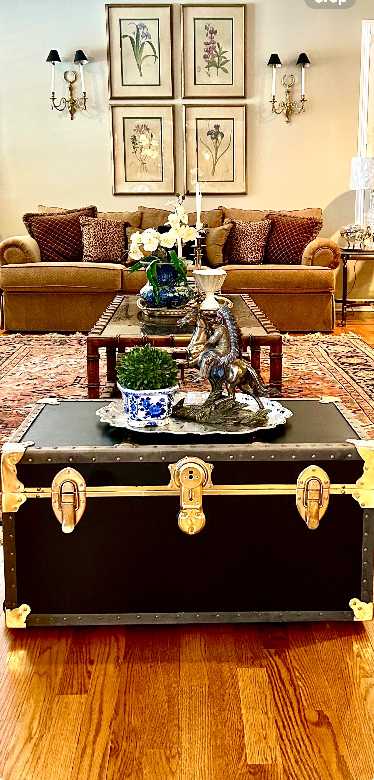 Handsome vintage  ebony black, Brass & leather storage trunk w handles steamer trunk coffee table .