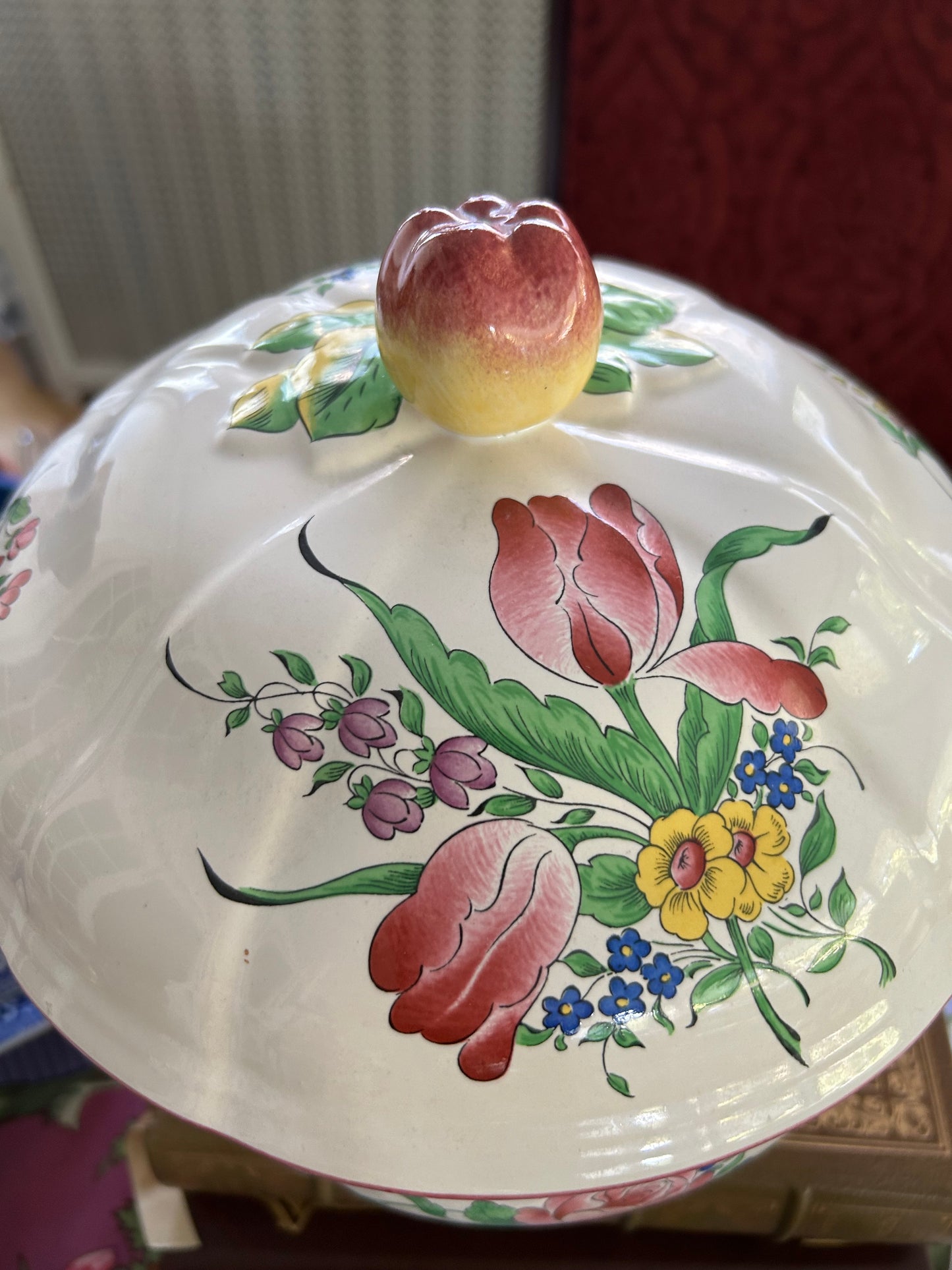 Vintage Luneville Old Strasburg Covered Tureen or Soupier with Hand Painted Tulips and Roses