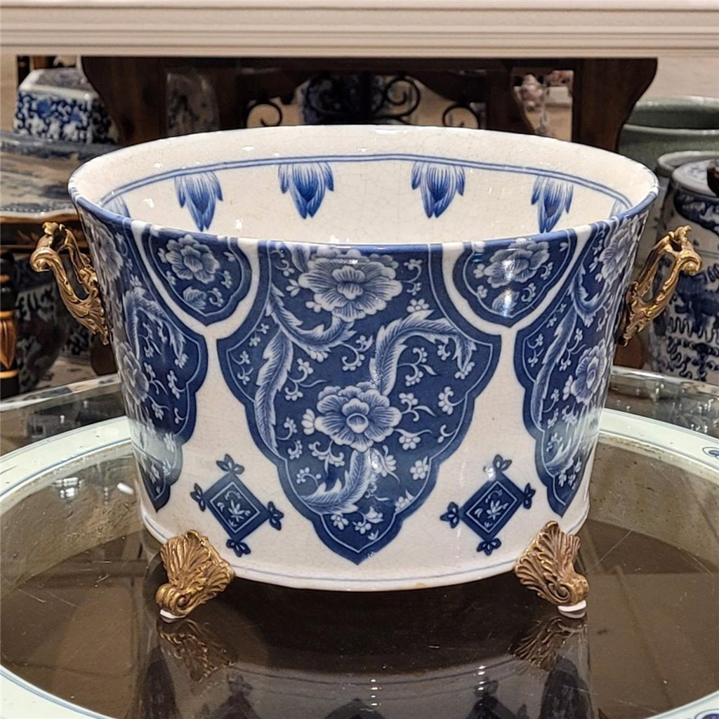 12L X 10.5W X 7H Porcelain Planter in Blue & White W/ intricate bronze handles