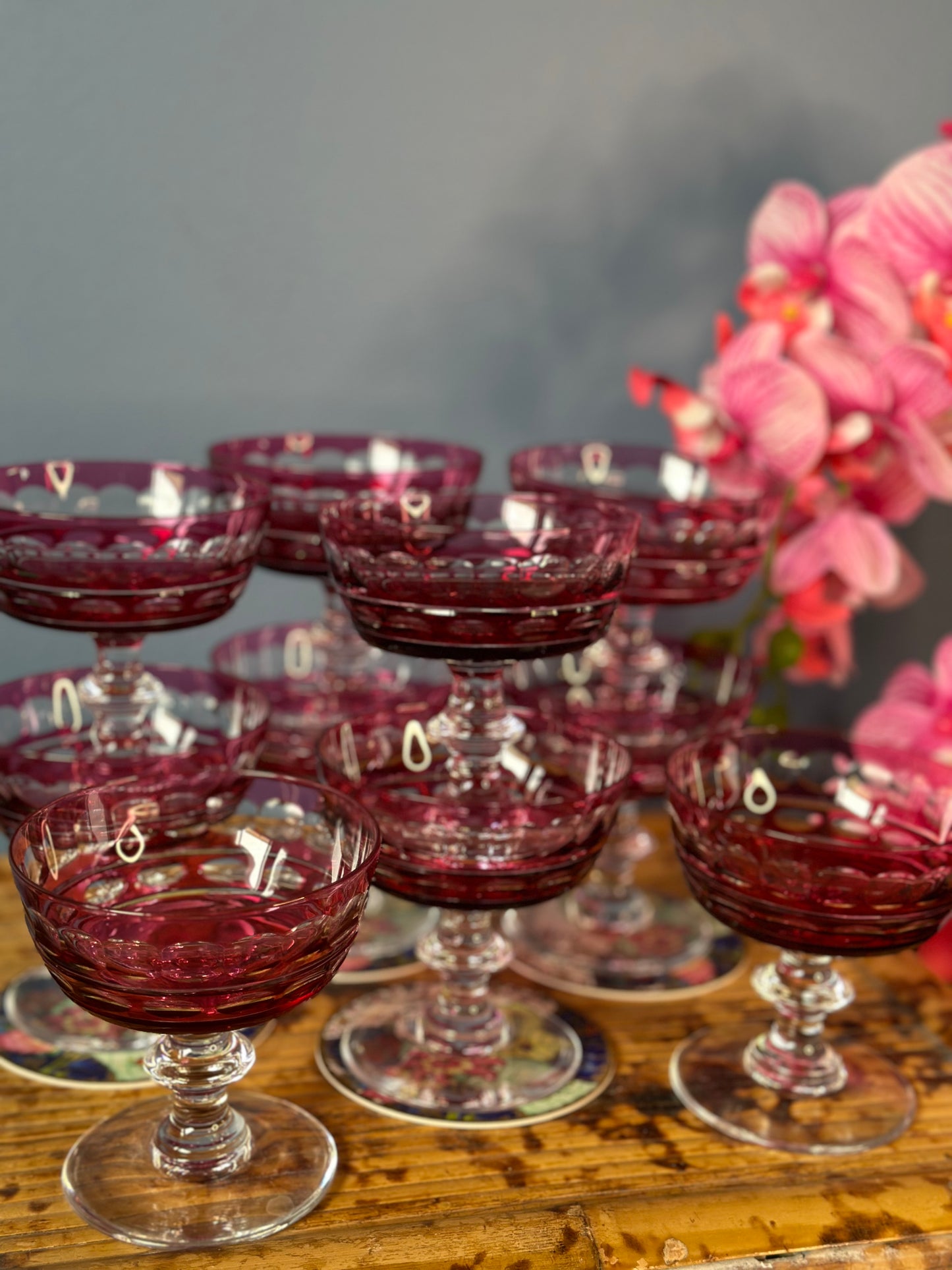 VAL ST. LAMBERT Set 10 "BLARNEY" CRANBERRY CUT-TO-CLEAR CRYSTAL PEDESTAL SHERBET