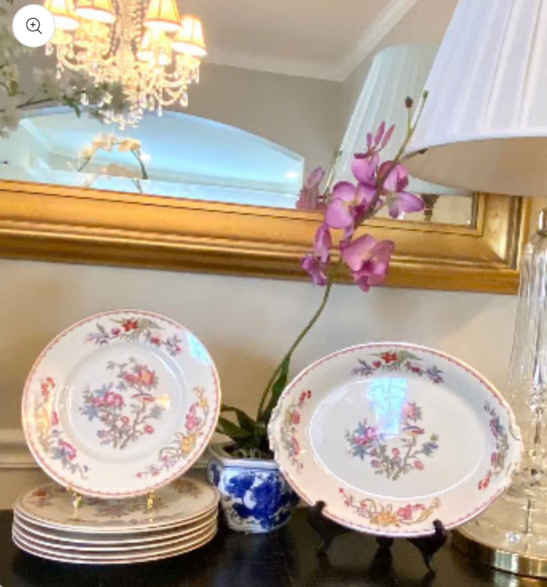 Stunning Set of 7 vintage porcelain rose canton chinoiserie designer dinner plates